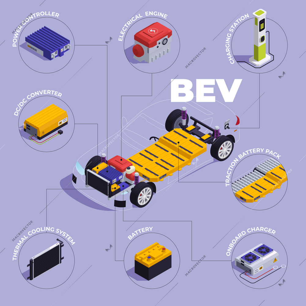 PHEV auto composition with BEV type electric vehicle isometric vector illustration