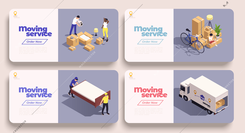 Relocation service isometric banner set with moving company relocating people isolated vector illustration