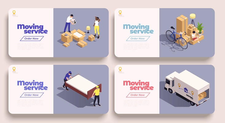 Relocation service isometric banner set with moving company relocating people isolated vector illustration