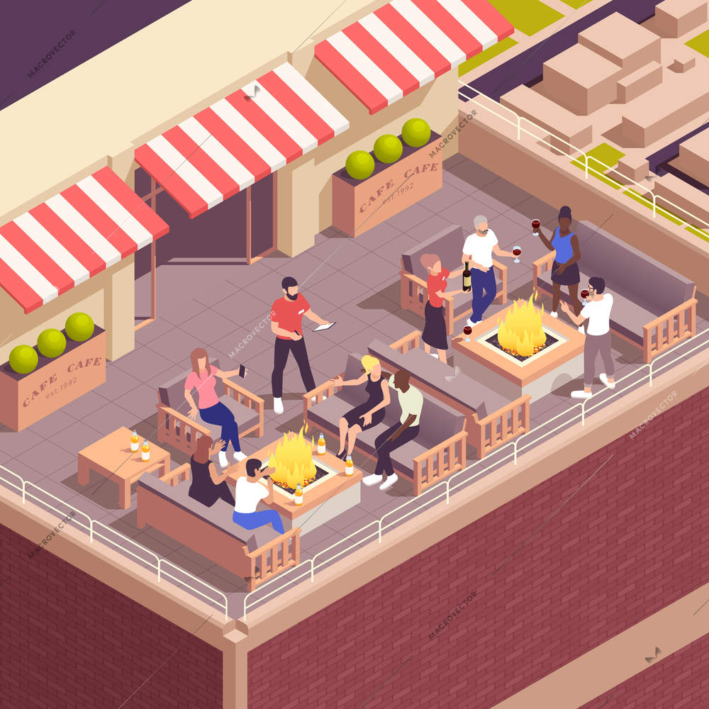 Street cafe isometric concept with restaurant on roof top terrace vector illustration