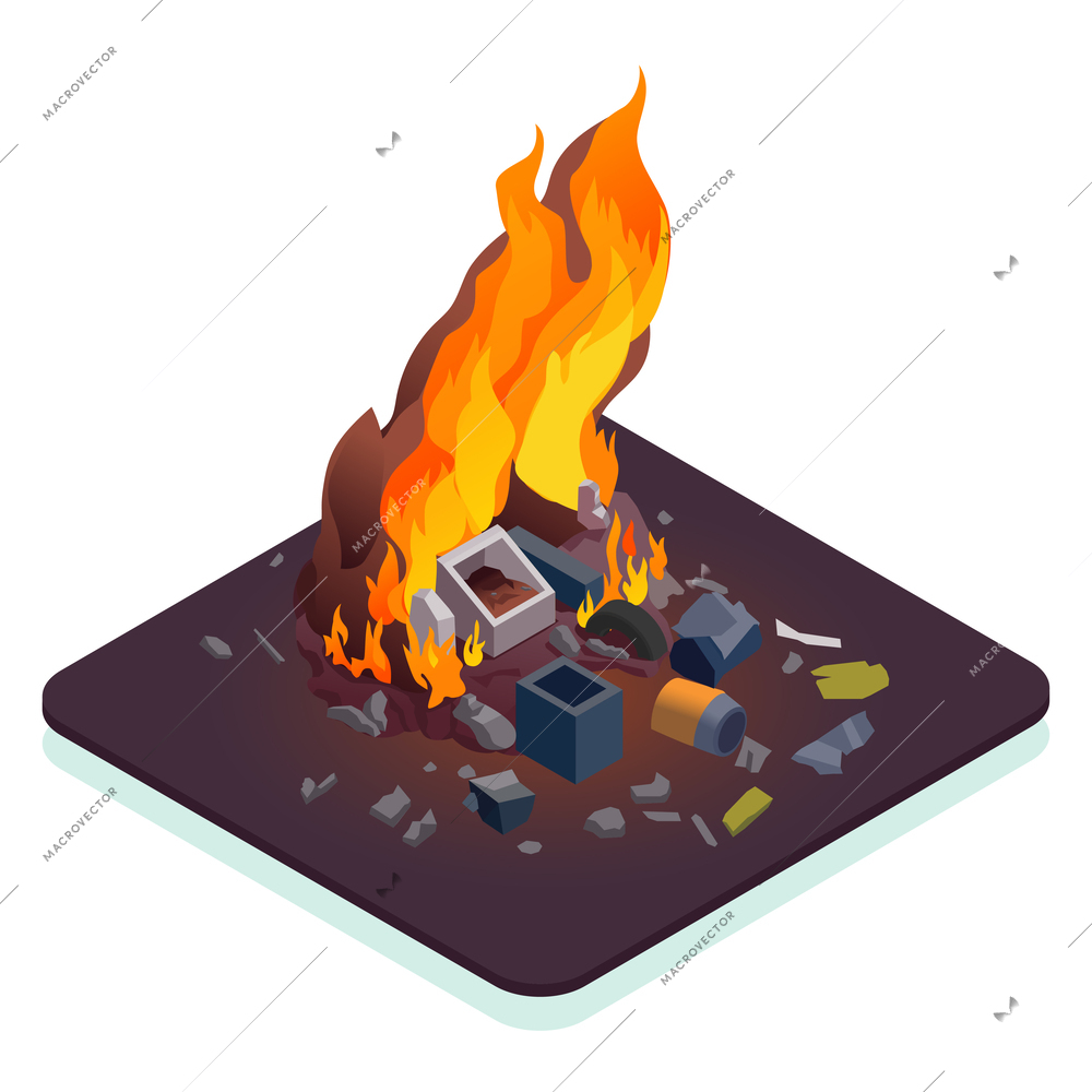 Air pollution isometric concept with burning waste 3d vector illustration