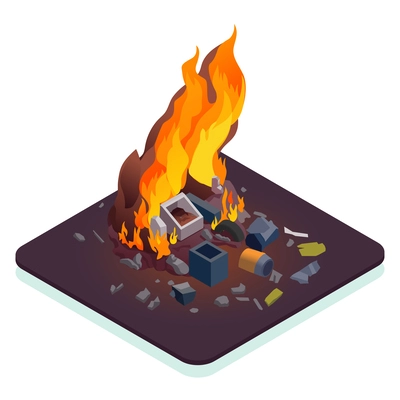 Air pollution isometric concept with burning waste 3d vector illustration