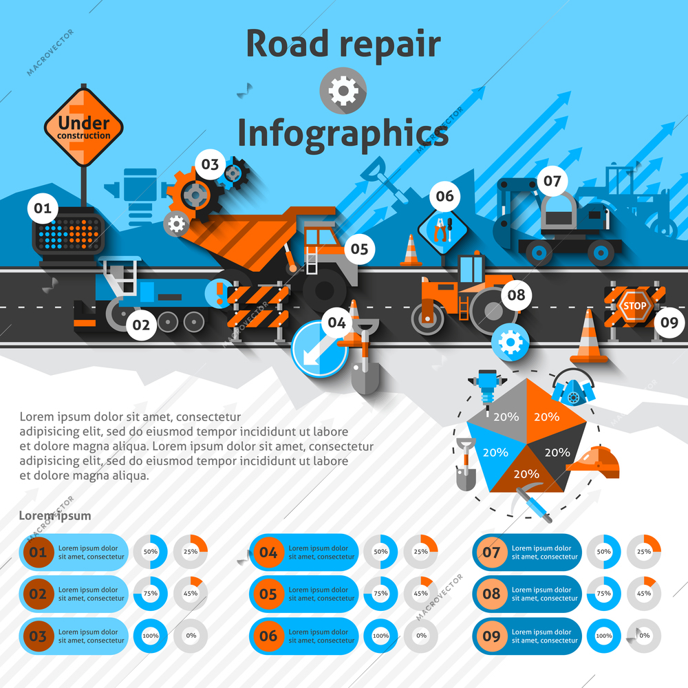 Road repair infographics set with construction machines and charts vector illustration