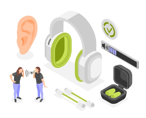 Hearing hygiene isometric composition with cotton buds earplugs earphones and girl with megaphone screaming to her girlfriend vector illustration