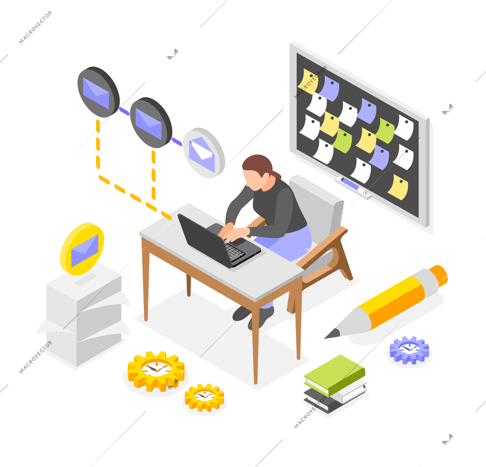 Personal productivity and multitasking isometric vector illustration with woman working at office on laptop near board with memos