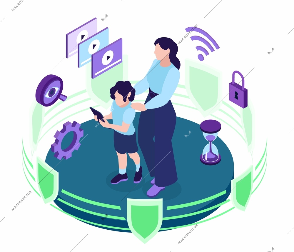 Isometric parental control composition with isolated view of mother and child surrounded by holographic pictogram icons vector illustration