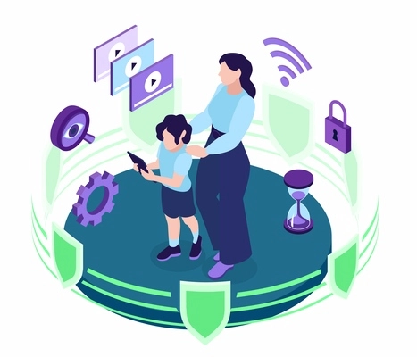 Isometric parental control composition with isolated view of mother and child surrounded by holographic pictogram icons vector illustration