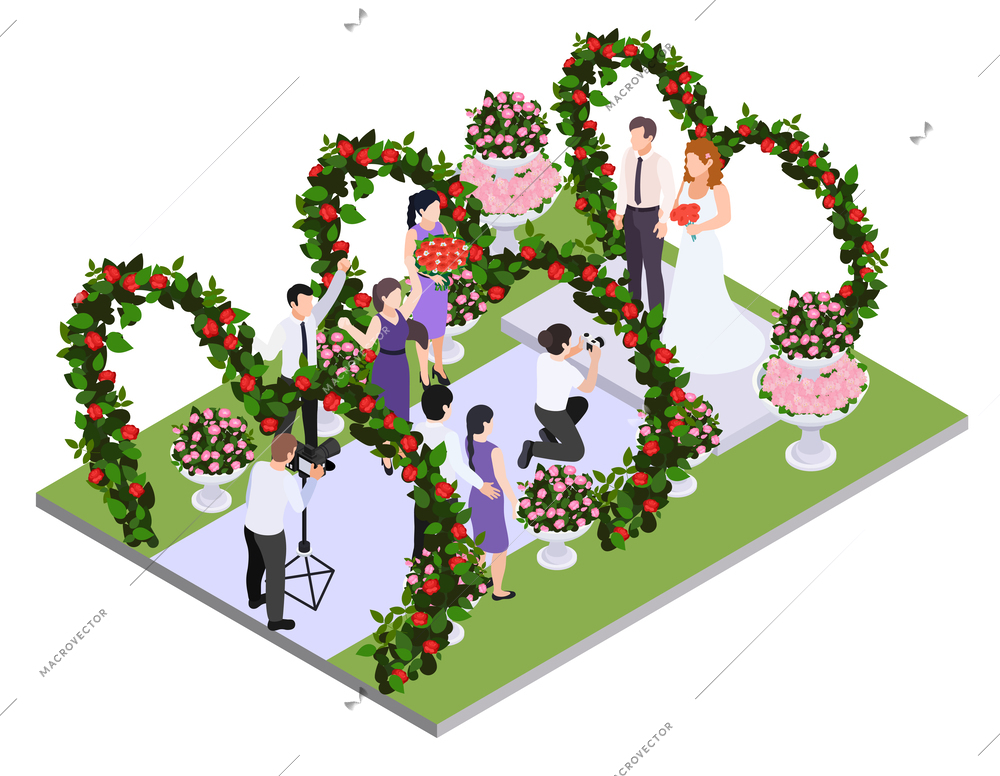 Florist city event flower decoration isometric composition with isolated view of wedding arches with guests newlyweds vector illustration