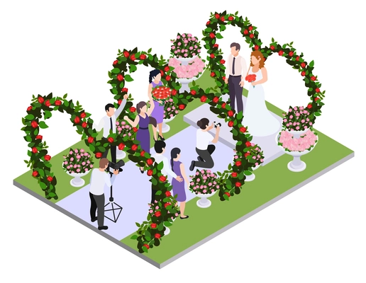 Florist city event flower decoration isometric composition with isolated view of wedding arches with guests newlyweds vector illustration