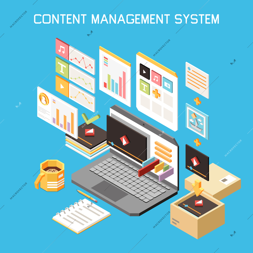 Content management isometric colored composition with content management system headline and isolated icons vector illustration