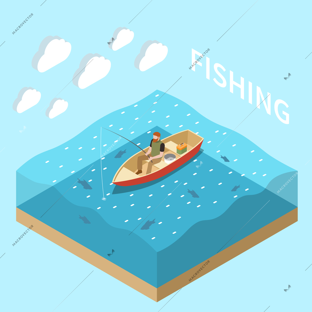 Fishing fisherman isometric isolated concept man fishing sitting in a boat in the water vector illustration