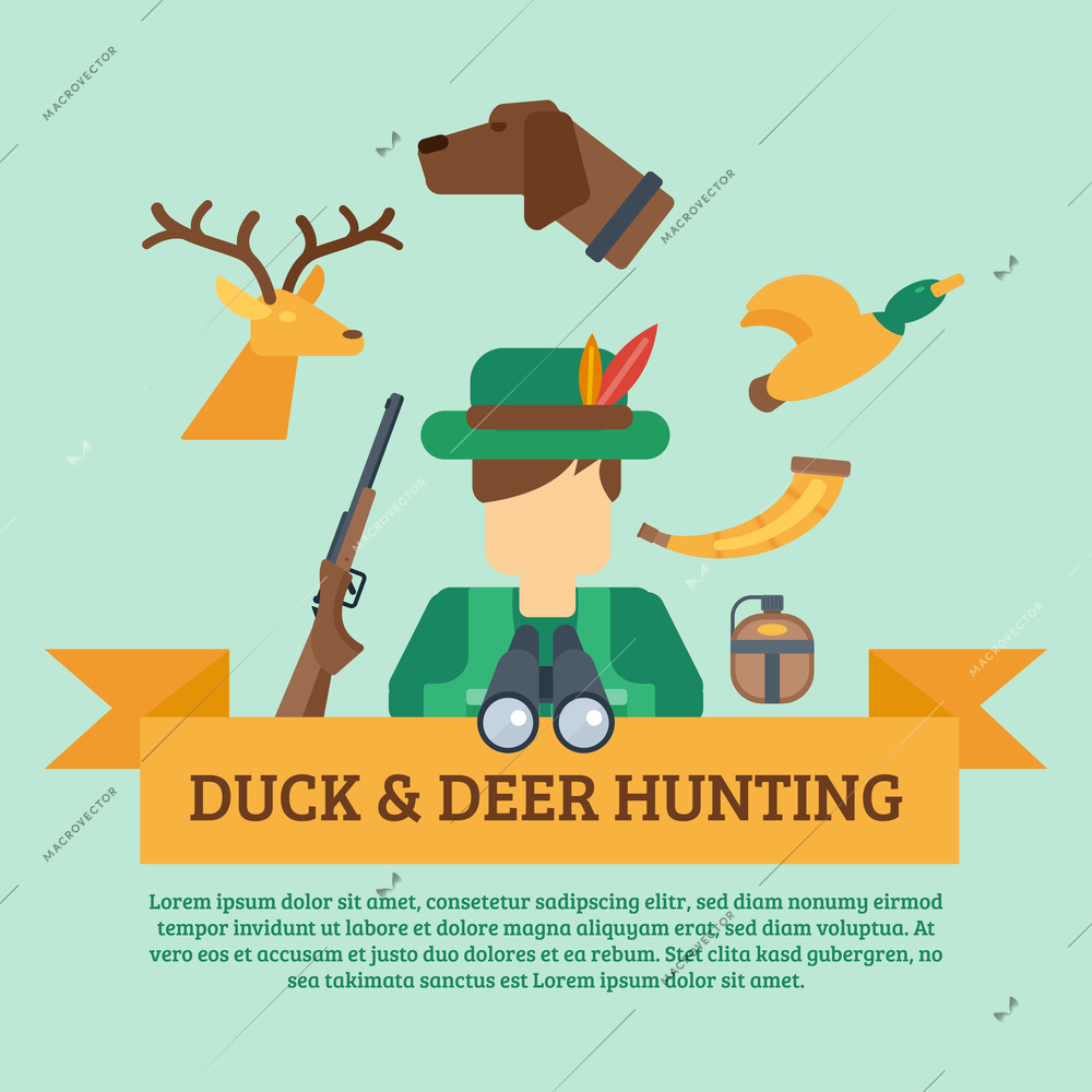 Duck and deer hunting concept with hunter equipment and animals icons flat vector illustration