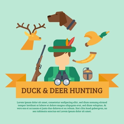 Duck and deer hunting concept with hunter equipment and animals icons flat vector illustration