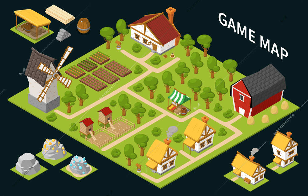 Game isometric concept with game map headline green landscape with trees and houses vector illustration