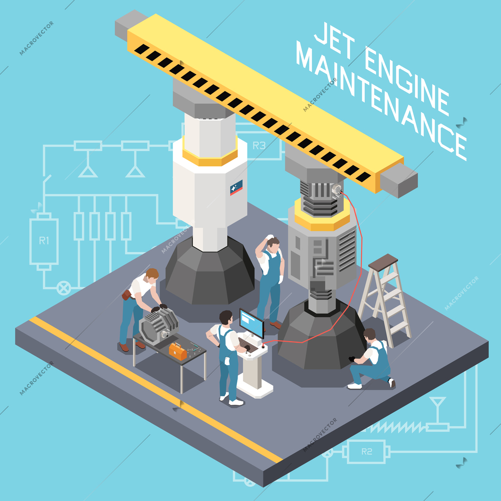 Isometric and isolated industrial maintenance engineer technician concept with jet engine maintenance description vector illustration