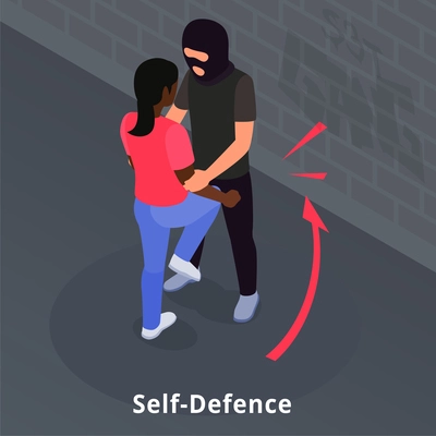 Self defence isometric concept with woman kicking mugger in black mask vector illustration