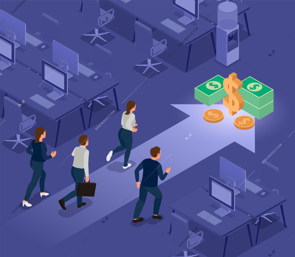 Group of business people or office workers running to pile of money isometric concept vector illustration