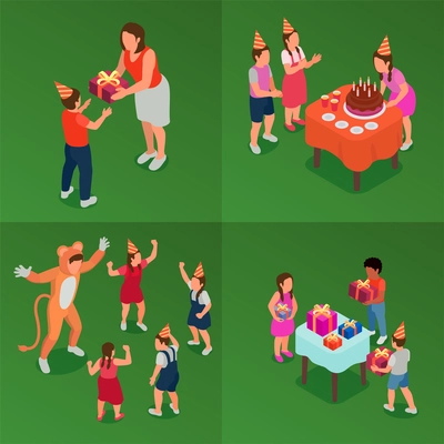 Birthday party 2x2 isometric design concept with children giving and getting gifts blowing out candles having fun isolated vector illustration