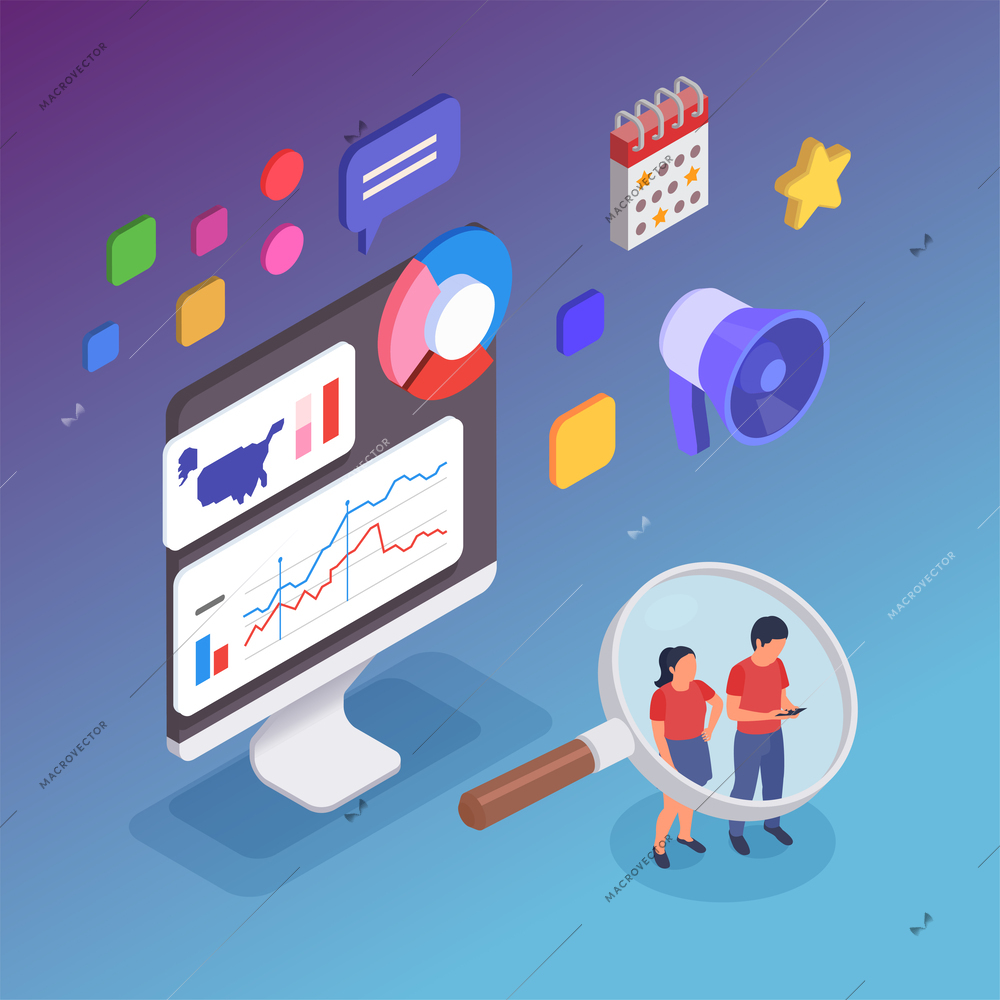 Community manager social marketing online content creation isometric composition on color background vector illustration