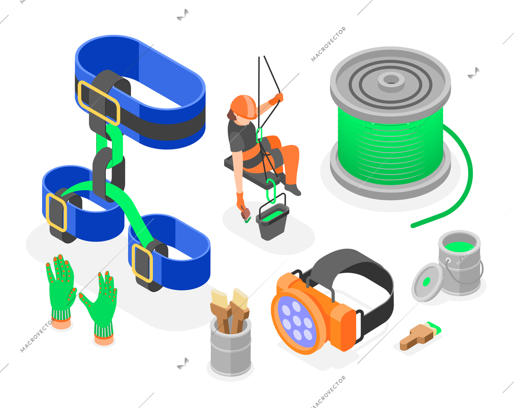 Industrial climber tools isometric composition with set of rope access equipment isolated vector illustration