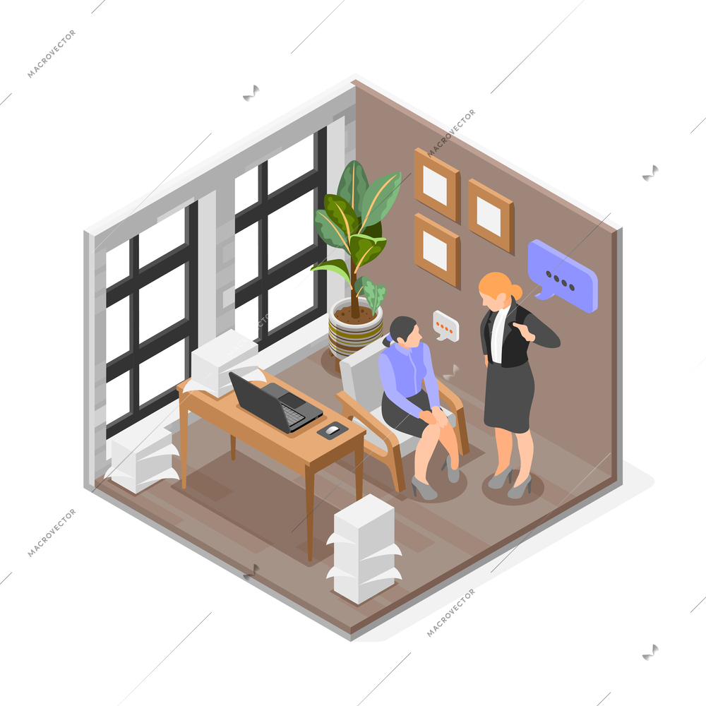 Unlucky day in office isometric composition with two female employees having unpleasant conversation 3d vector illustration