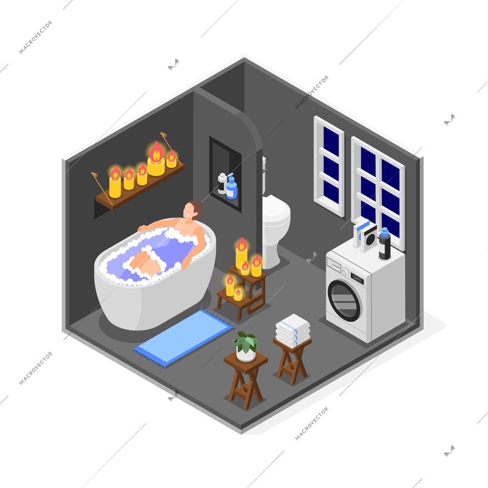 Power outage isometric home background with woman taking bath by candlelight 3d vector illustration