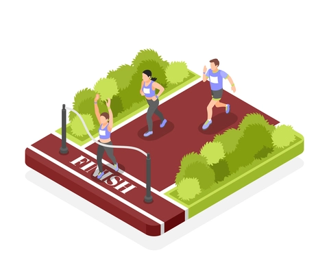 Marathon finish isometric design concept with female runner winning competition vector illustration