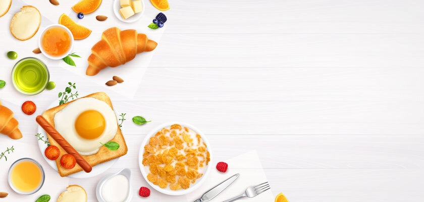 Breakfast realistic composition on white background with top view of honey croissant egg toast and cornflakes vector illustration