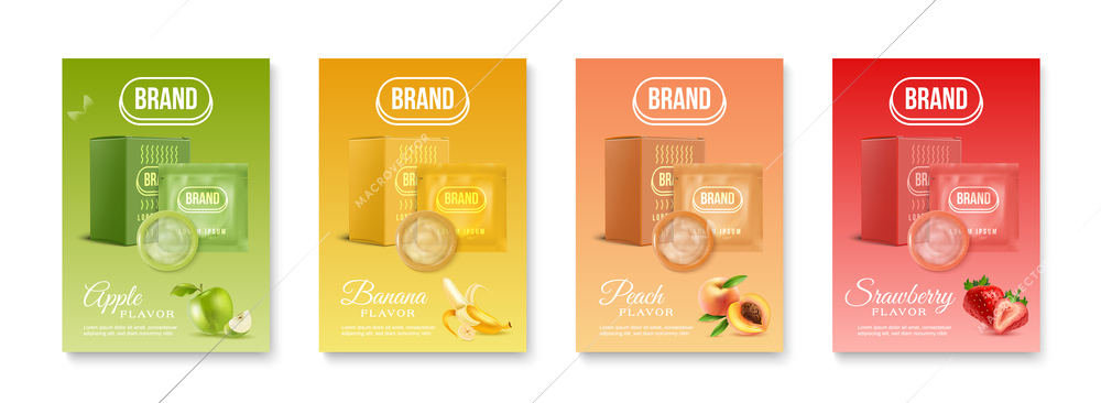 Realistic condom poster set with four vertical compositions of condom packs with flavours and ornate text vector illustration