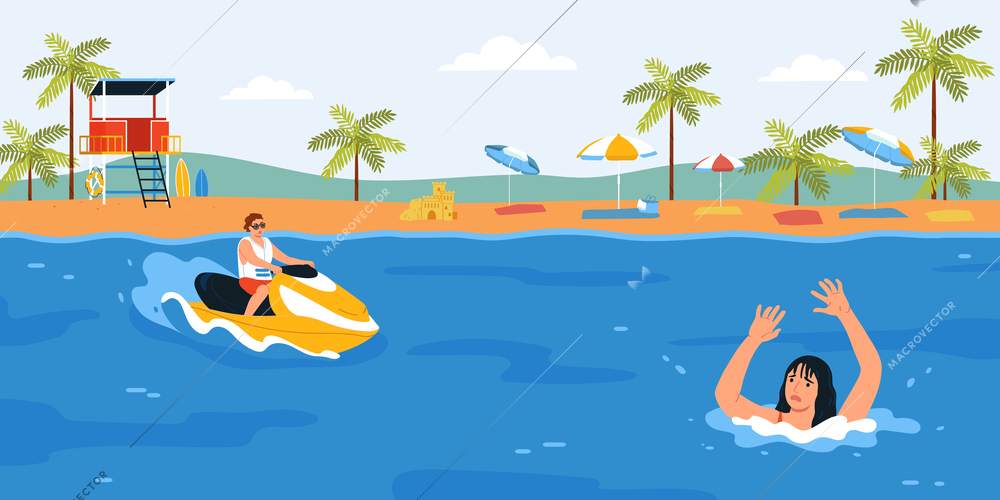 Lifeguards composition with outdoor beach landscape and sinking woman with lifesaver riding hydro scooter to rescue vector illustration