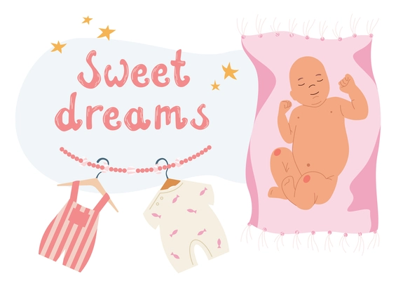 Early baby development flat composition with smiling sleeping newborn character and text sweet dreams vector illustration