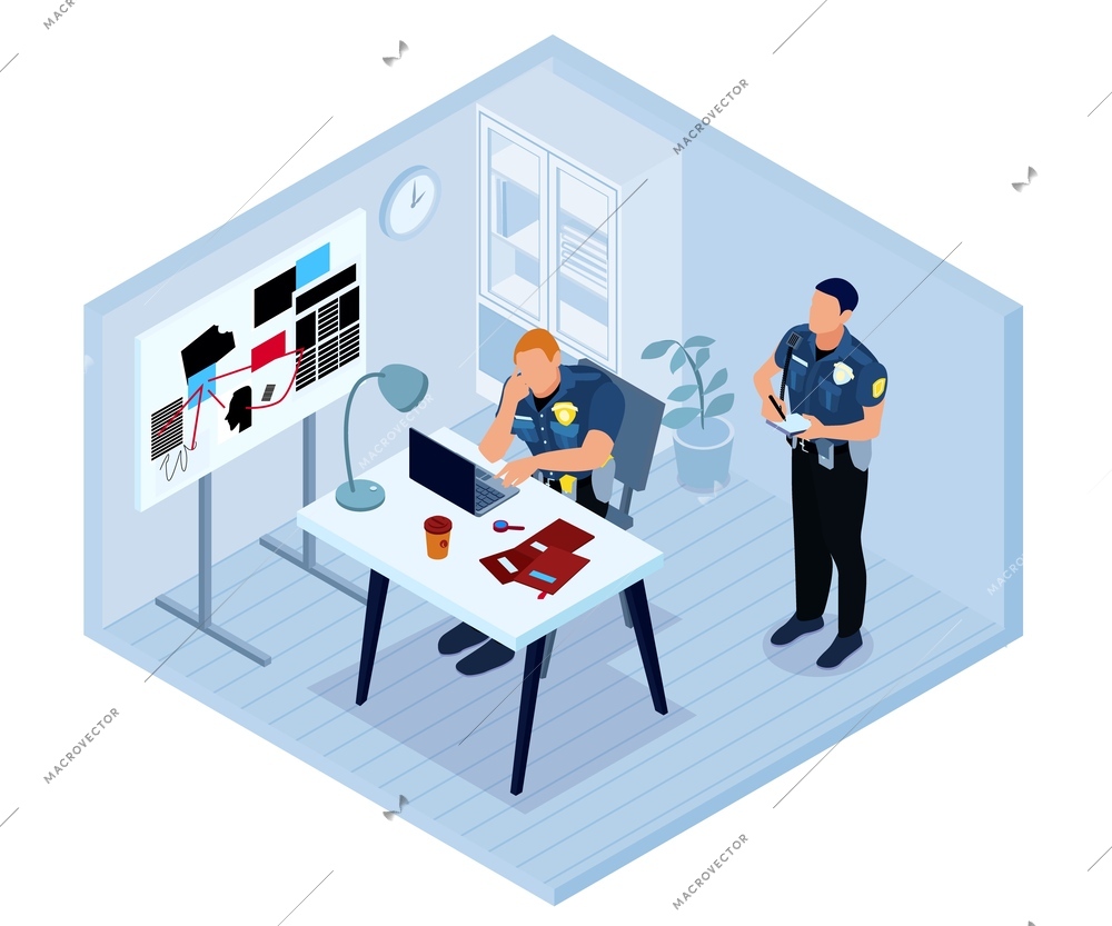 Isometric police composition with isolated view of office with two officers and evidential materials on table vector illustration