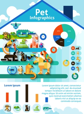 Pet infographics set with domestic animals reptiles and birds and charts vector illustration