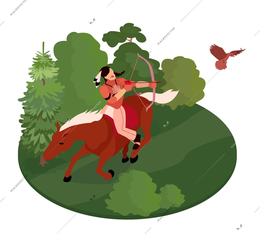 Isometric american indians isolated composition with faceless human character riding horse shooting wild bird with bow vector illustration