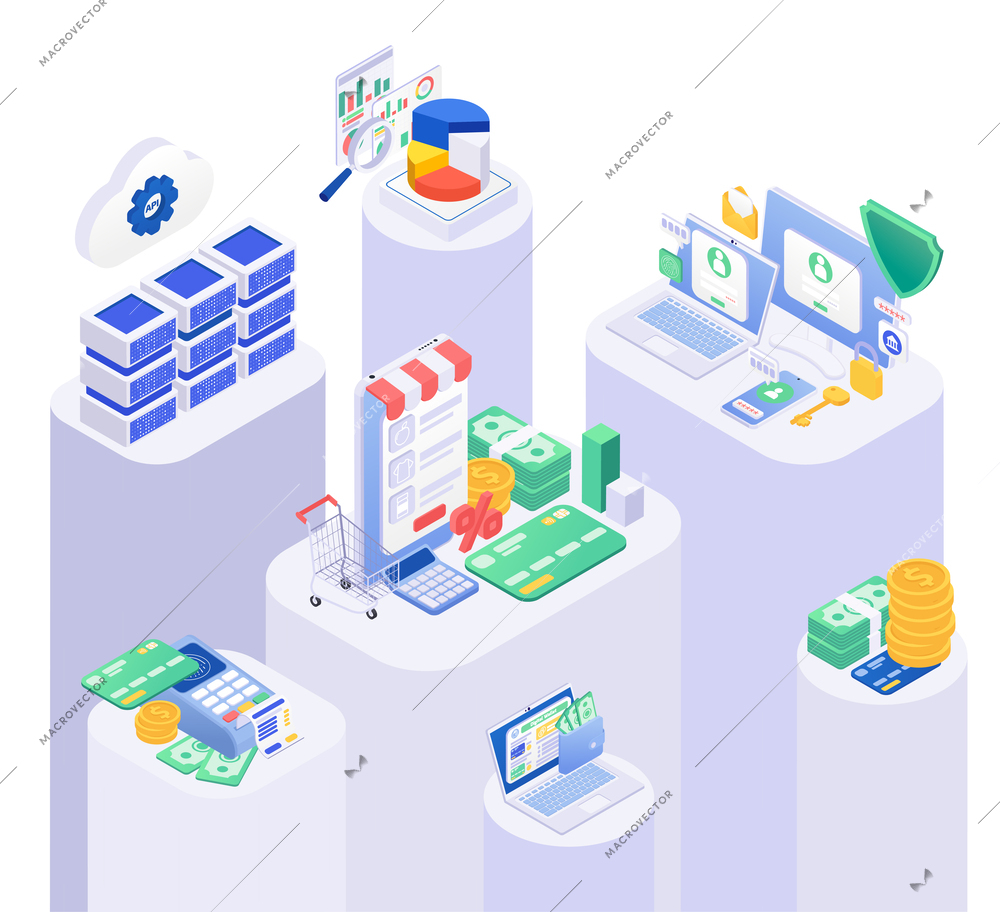 Secure payment composition with set of isometric podiums with icons of money means and payment processing vector illustration