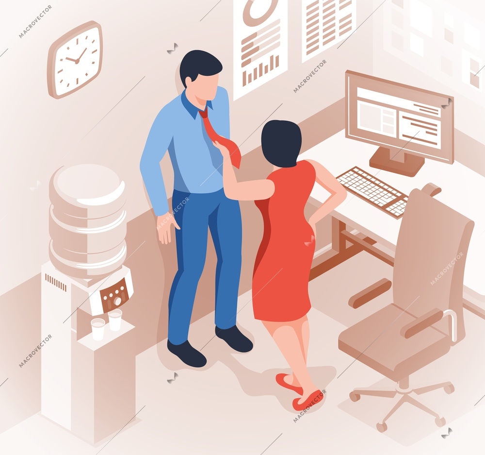 Sexual harassment in workplace isometric concept with male and female colleagues in office vector illustration