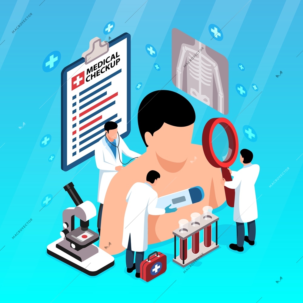 Medical checkup isometric composition with lab equipment and tiny doctors examining man with magnifier stethoscope and thermometer 3d vector illustration