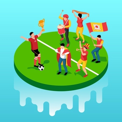 Happy sport fans wearing red and yellow outfit celebrating victory of football team isometric composition isolated vector illustration