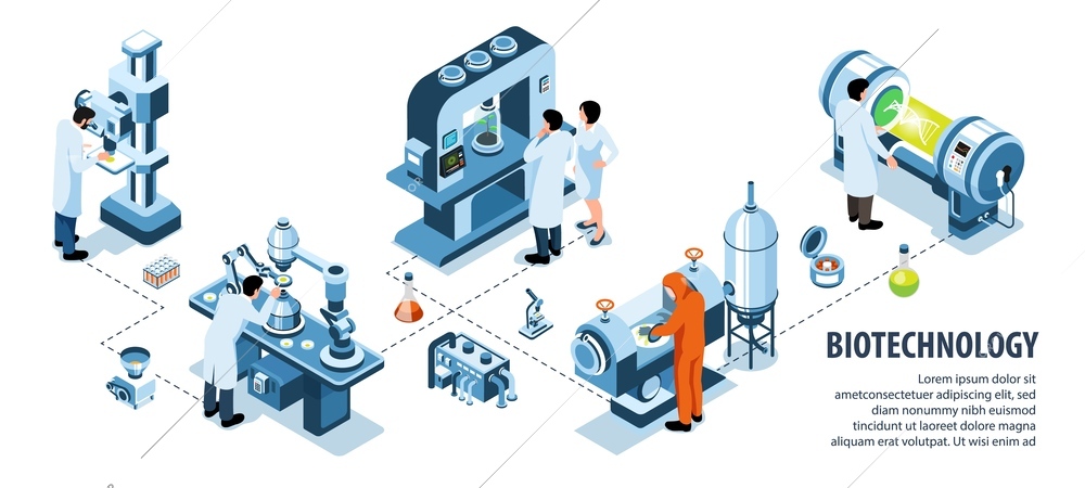 Isometric biotechnology infographic template with scientists doing research in laboratory vector illustration