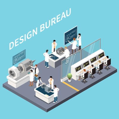 Research development isometric concept with engineers in design bureau vector illustration