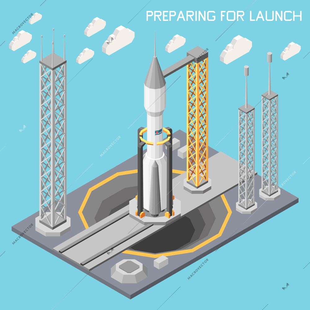 Rocket building isometric concept with spacecraft preparing for launch vector illustration