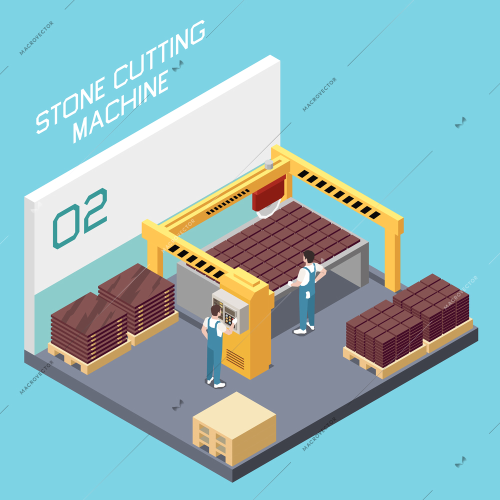 Marble factory isometric concept with stone cutting machine vector illustration