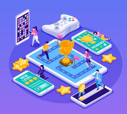 Gamification isometric composition with tiny people reaching goals playing games on gadgets vector illustration