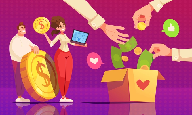 Crowdfunding cartoon concept with human hands putting money into box vector illustration