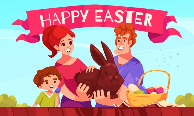 Easter cartoon composition with happy family holding chocolate hare and basket of eggs vector illustration