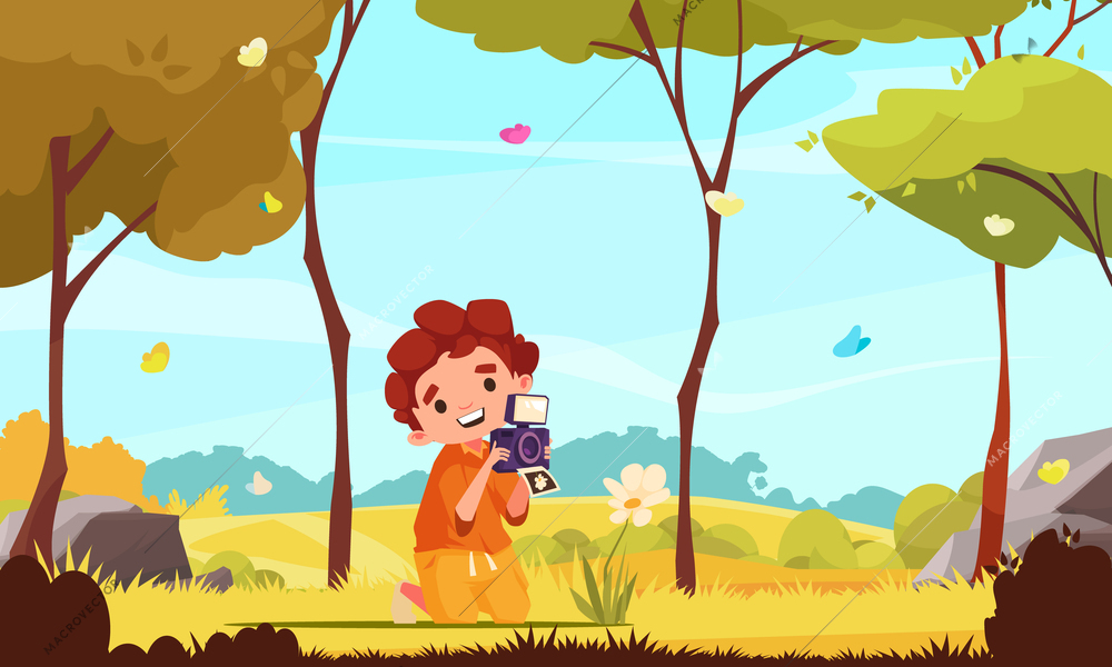 Children creative hobbies cartoon concept with kid with photo camera in park vector illustration