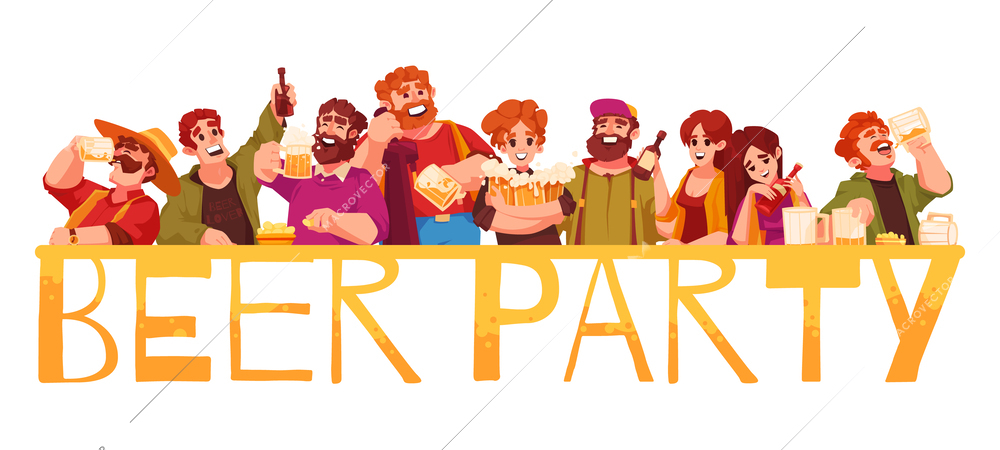 Beer party composition with happy male and female holding full glasses and bottles vector illustration
