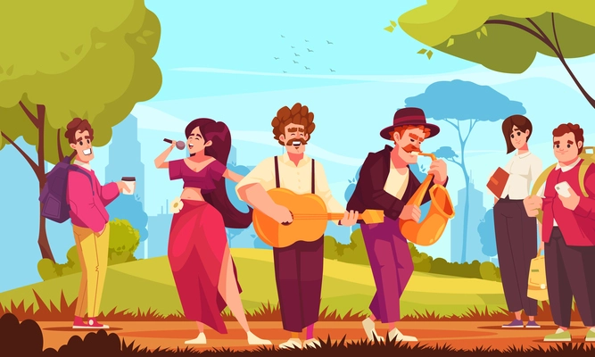 Street musicians cartoon poster with band performing in city park vector illustration