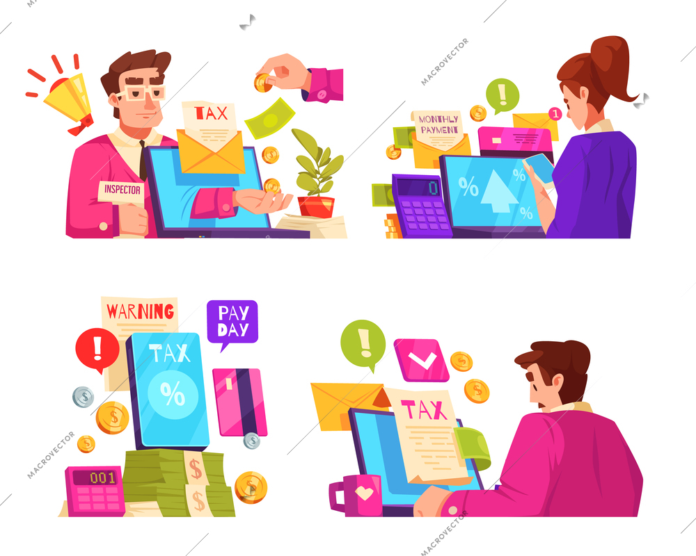 Tax service cartoon compositions set with people fill in payment forms isolated vector illustration