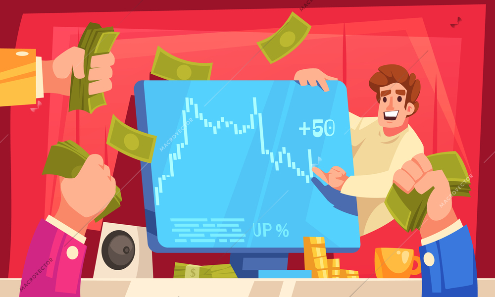 Stock market composition with investors investing money in profitable asset vector illustration